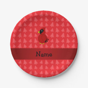 Personalised name cardinal red christmas trees paper plate