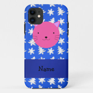 Personalised name cat blue snowflakes trees iPhone 11 case