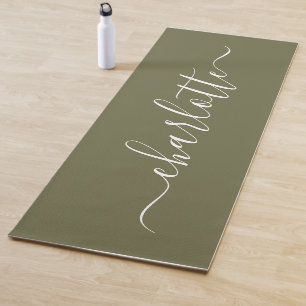 Personalised Name Chic Calligraphy Olive Green Yoga Mat