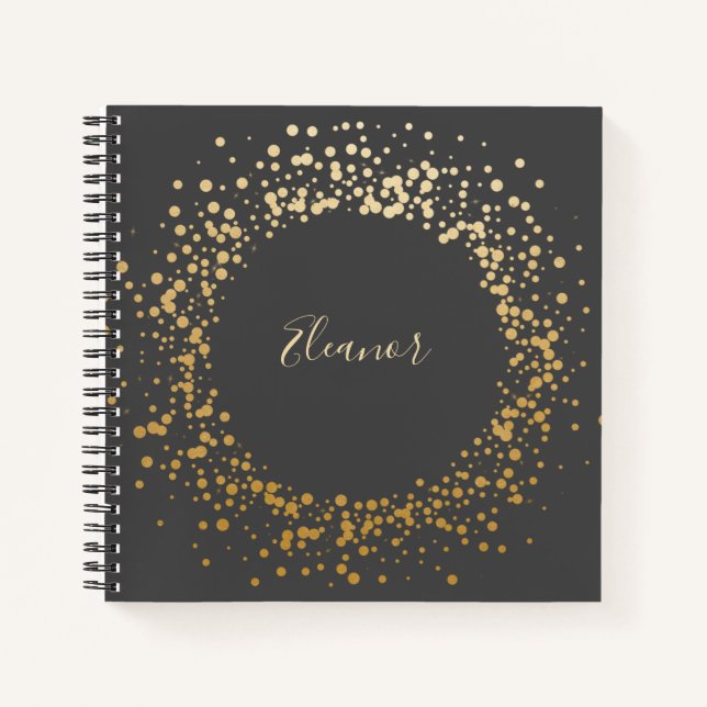 Personalised Name Chic Gold Confetti Dots Black Notebook (Front)