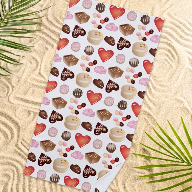 Personalised Name Chocolate Candy Heart Pattern Beach Towel (Creator Uploaded)