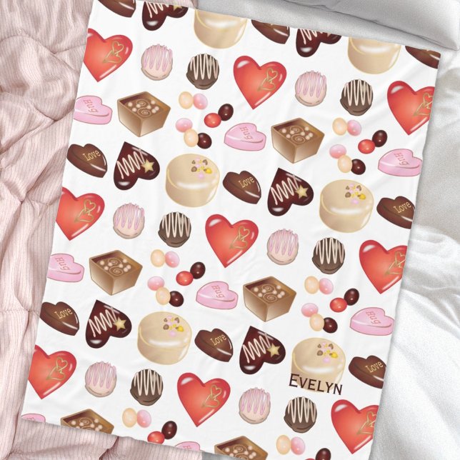 Personalised Name Chocolate Candy Heart Pattern Fleece Blanket (Creator Uploaded)