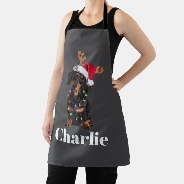 Personalised Name Christmas Dachshund Dog Lights Apron (Insitu)