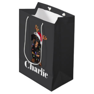 Personalised Name Christmas Dachshund Dog Lights Medium Gift Bag