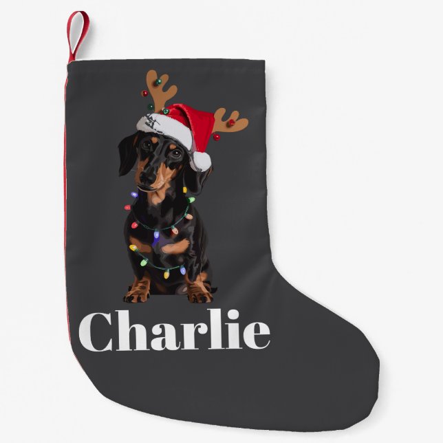 Personalised Name Christmas Dachshund Dog Lights Small Christmas Stocking (Front)