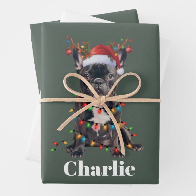 Personalised Name Christmas French Bulldog Dog  Wrapping Paper Sheet (In situ)