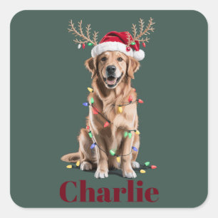 Personalised Name Christmas Golden Retriever Dog Square Sticker