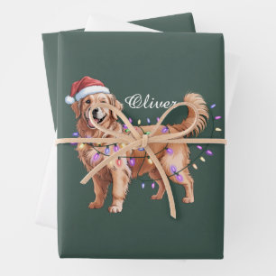 Personalised Name Christmas Golden Retriever Dog  Wrapping Paper Sheet