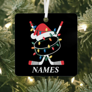 Personalised Name Christmas Hockey Xmas Santa Hat Metal Tree Decoration
