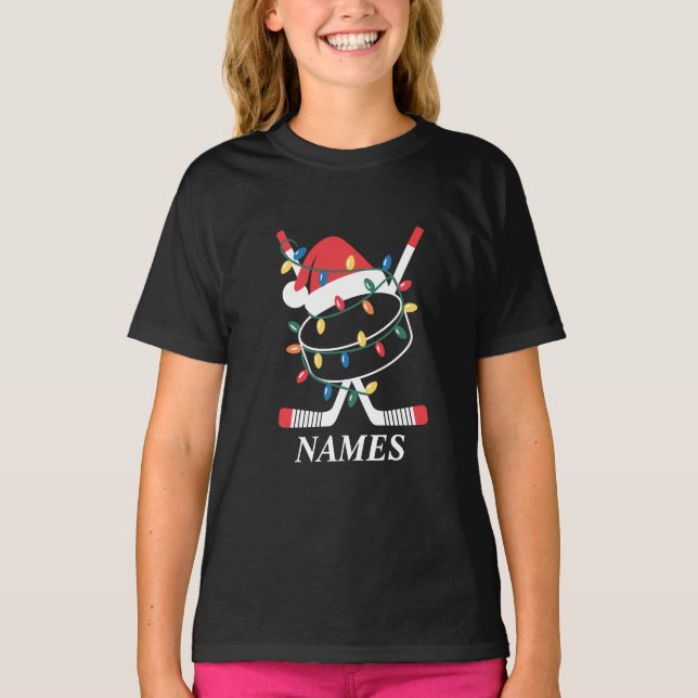 Personalised Name Christmas Hockey Xmas Santa Hat T-Shirt (Front)