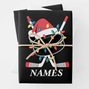 Personalised Name Christmas Hockey Xmas Santa Hat Wrapping Paper Sheet