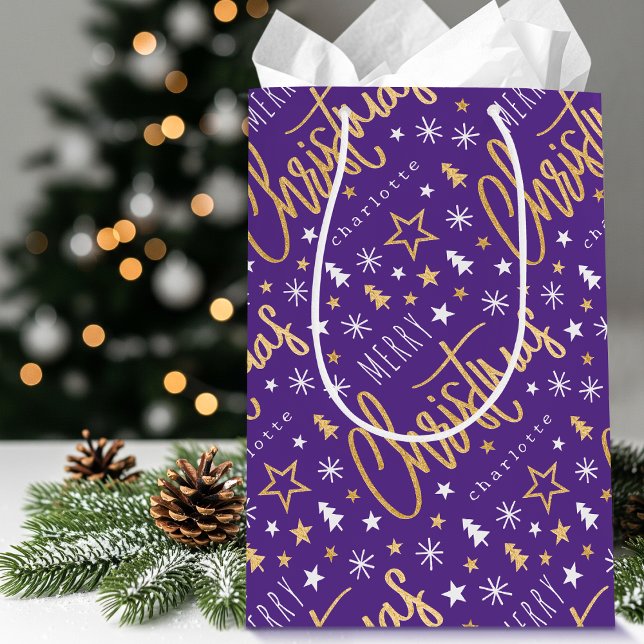 Personalised Name Christmas Purple Faux Gold Medium Gift Bag (Creator Uploaded)