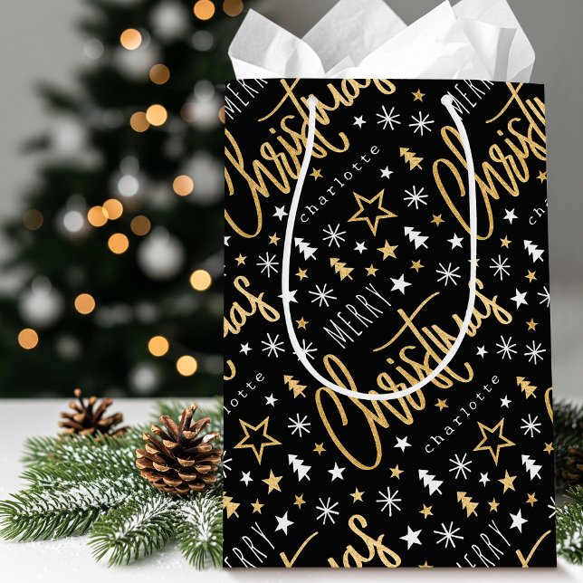 Personalised Name Christmas Script Black Faux Gold Medium Gift Bag (Creator Uploaded)