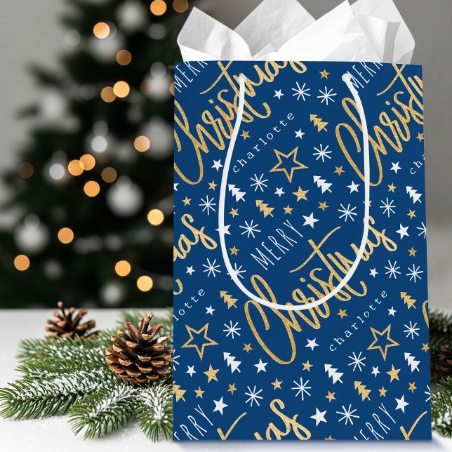 Personalised Name Christmas Script Blue Faux Gold Medium Gift Bag (Creator Uploaded)