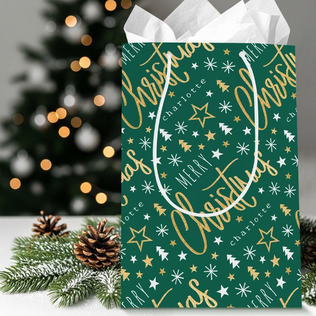 Personalised Name Christmas Script Green Faux Gold Medium Gift Bag (Creator Uploaded)