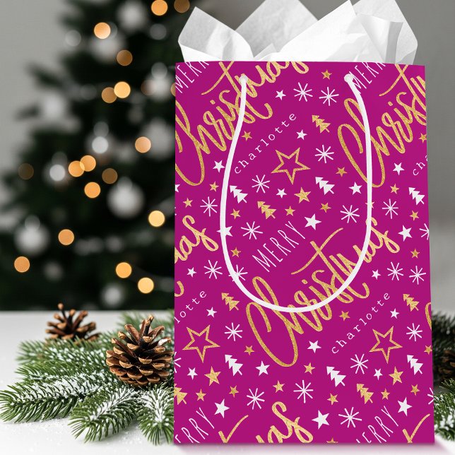 Personalised Name Christmas Script Pink Faux Gold Medium Gift Bag (Creator Uploaded)