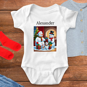 Personalised Name Christmas Snowman Family Picture Baby Bodysuit