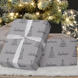 Personalised Name Christmas Tree Grey Gift Wrapping Paper