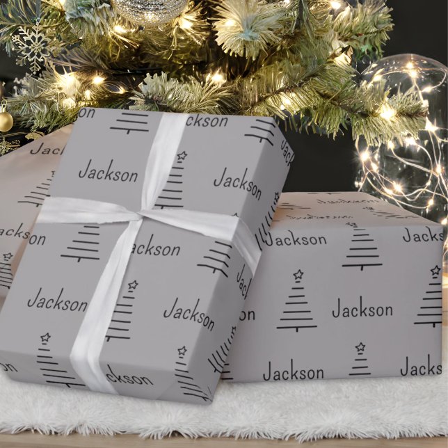 Personalised Name Christmas Tree Grey Gift Wrapping Paper (Creator Uploaded)