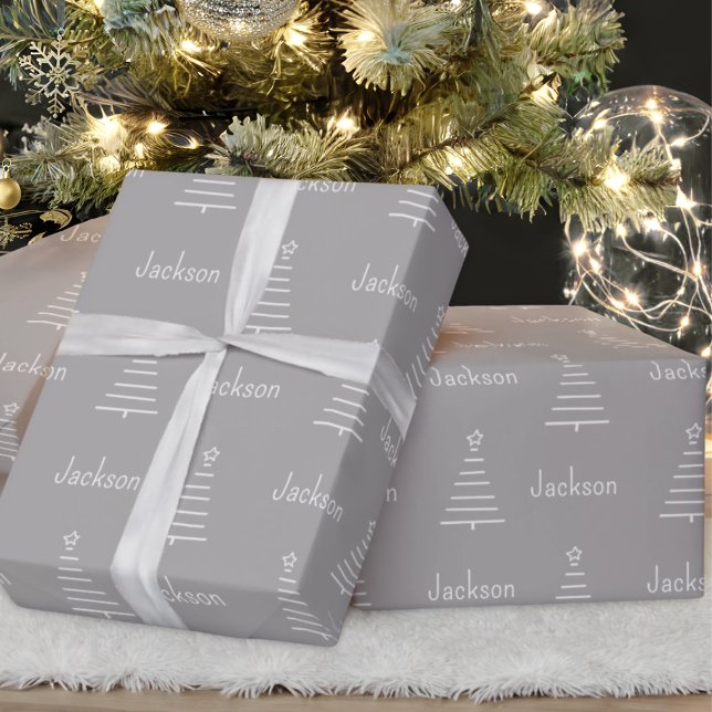 Personalised Name Christmas Tree Grey Gift Wrapping Paper (Creator Uploaded)