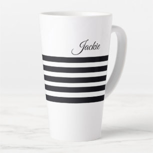 Personalised Name Classic Black & White Stripes Latte Mug