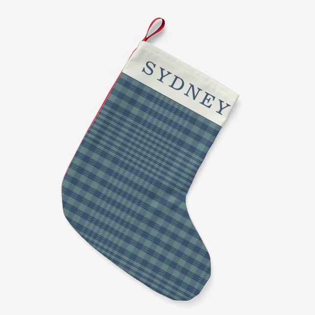 Personalised Name Classic Blue Retro Glen Plaid  Small Christmas Stocking (Front (Hanging))