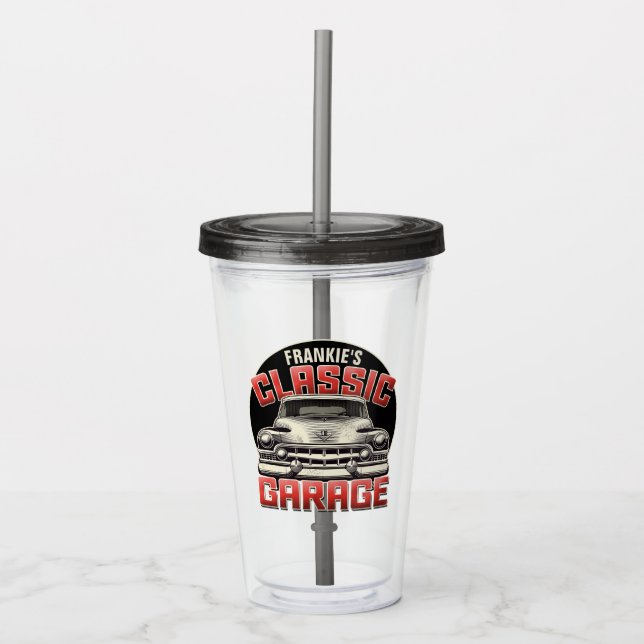 Personalised NAME Classic Car Garage Custom Shop Acrylic Tumbler (Front)