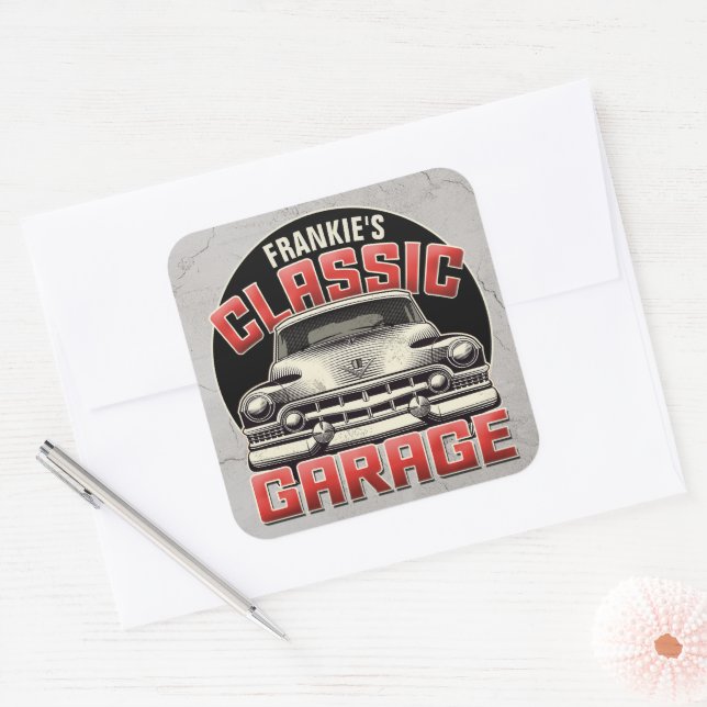 Personalised NAME Classic Car Garage Custom Shop Square Sticker (Envelope)