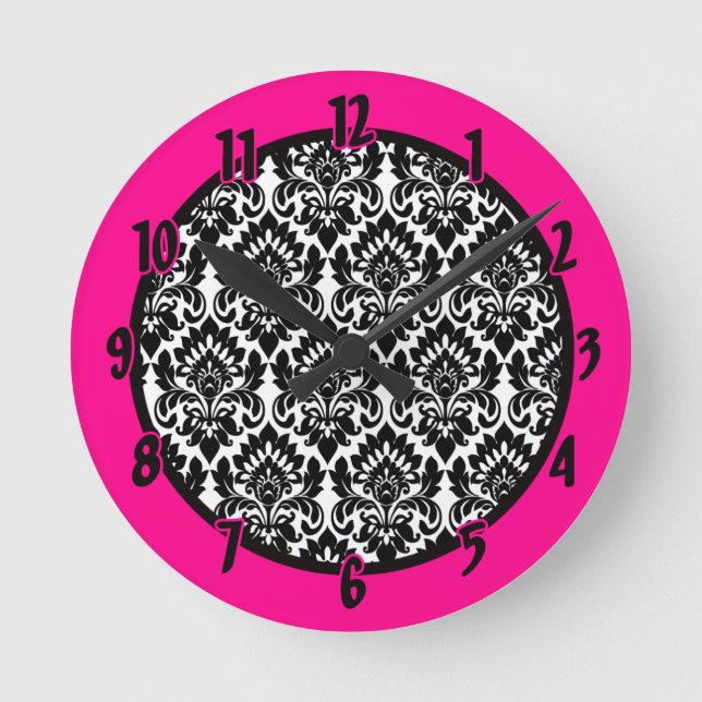 Personalised Name Clock Black “Hot Pink” Damask (Front)
