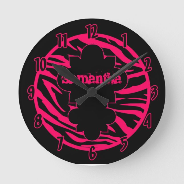 Personalised Name Clock Hot Pink Black Zebra Print (Front)
