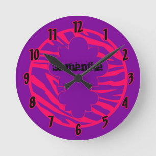 Personalised Name Clock Hot Pink Purple Zebra