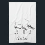Personalised Name Coastal Shorebirds White Bird Tea Towel<br><div class="desc">Bring a touch of coastal charm to your kitchen with this personalised towel featuring a trio of hand-drawn shorebirds. Designed in elegant black-and-white with custom script text, it’s a perfect blend of simplicity and nature-inspired beauty. Ideal for beach homes, bird lovers, or anyone who appreciates clean, modern kitchen decor. Add...</div>