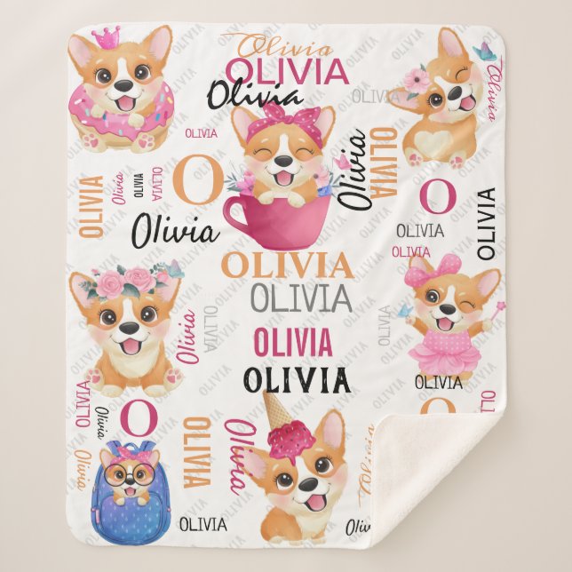 Personalised Name Collage Corgi Dog Pattern Sherpa Blanket (Front)