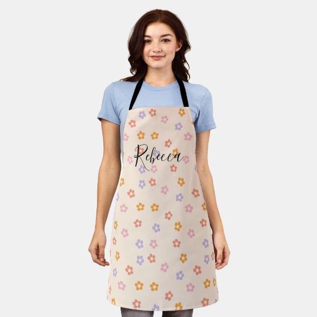 Personalised Name Coloured Daisy Floral Pattern Apron (Worn)