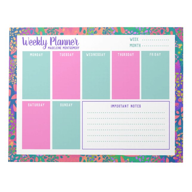 Personalised Name Colourful Abstract Weekly Planne Notepad (Front)