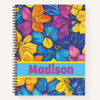 Personalised Name Colourful Floral Pattern Notebook