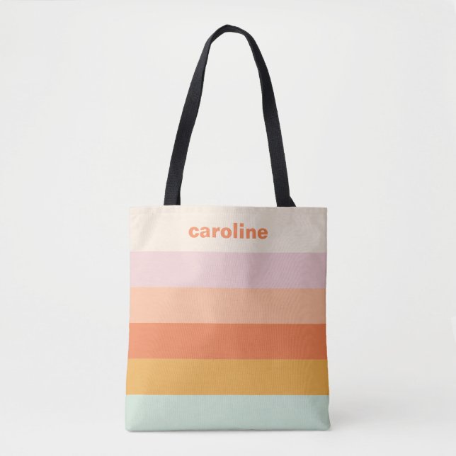Personalised Name Colourful Stripes Retro Pastel Tote Bag (Front)