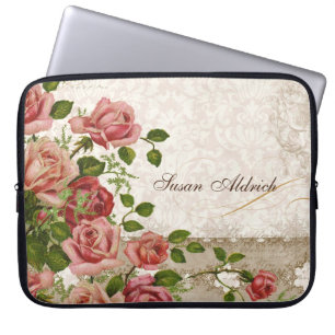 Personalised Name Computer, Trellis Rose Vintage Laptop Sleeve
