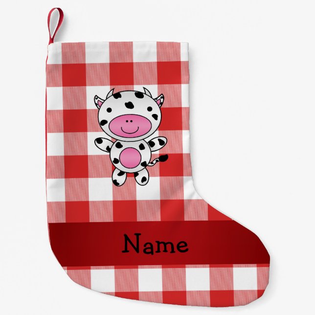 Personalised name cow red picnic checkers small christmas stocking (Front)