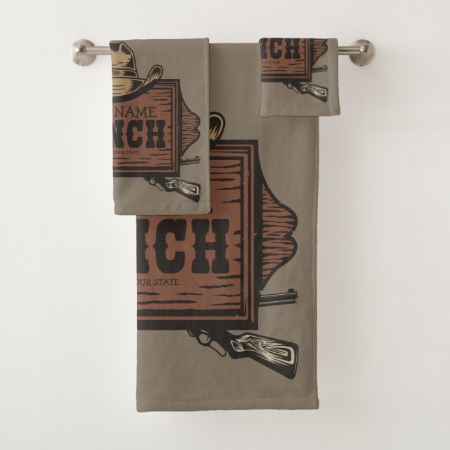 Personalised NAME Cowboy Guns Western Ranch Sign  Bath Towel Set (Insitu)