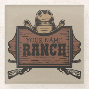 Personalised NAME Cowboy Guns Western Ranch Sign Glass Coaster
