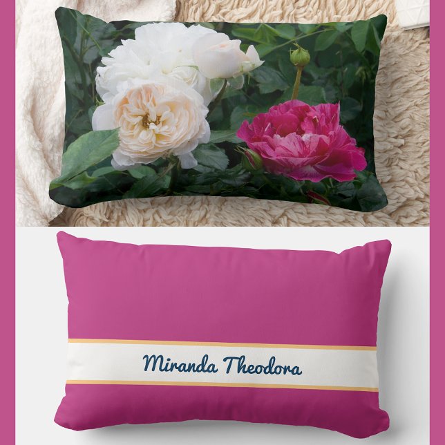 Personalised Name Cream and Pink Streaked Roses  Lumbar Cushion (Elegant, modern personalized name floral pillow. Photo of cream & streaked pink roses. Calligraphy)