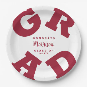 Personalised Name Crimson on White Graduation Paper Plate