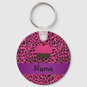 Personalised name cupcake pink leopard print key ring