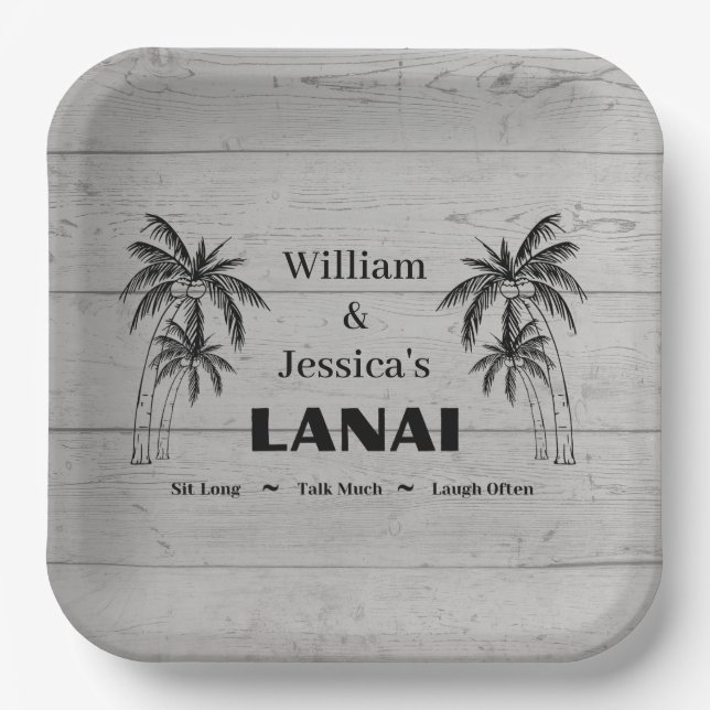 Personalised Name Custom Lanai Tropical Palm Trees Paper Plate (Front)