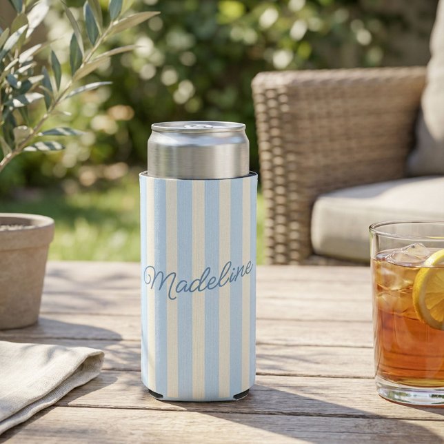 Personalised Name Custom Light Blue Stripes Seltzer Can Cooler (Creator Uploaded)