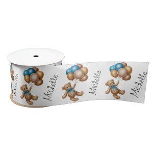 Personalised Name Cute Bear Gold Blue Balloons     Satin Ribbon