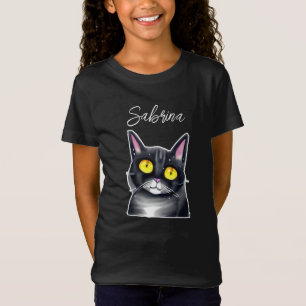 Personalised Name Cute Black Cat Yellow Eyes T-Shirt