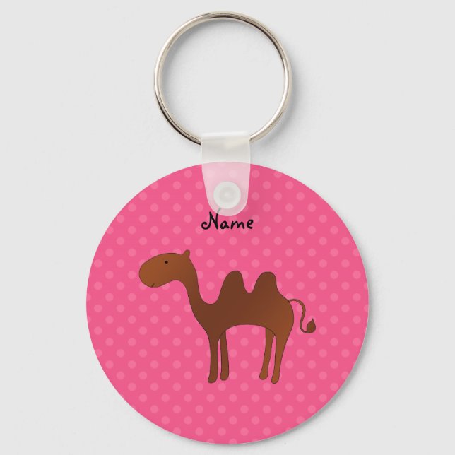 Personalised name cute camel pink polka dots key ring (Front)