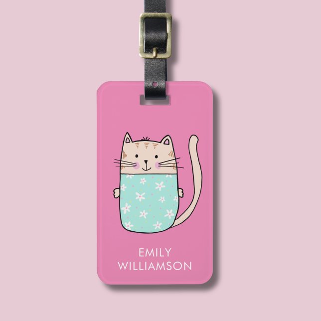 Personalised name cute cat illustration luggage tag (Kitty Cat pink personalized luggage tag)